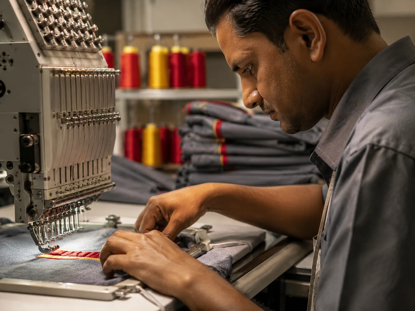 Close-up of embroidery and garment finishing workmanship